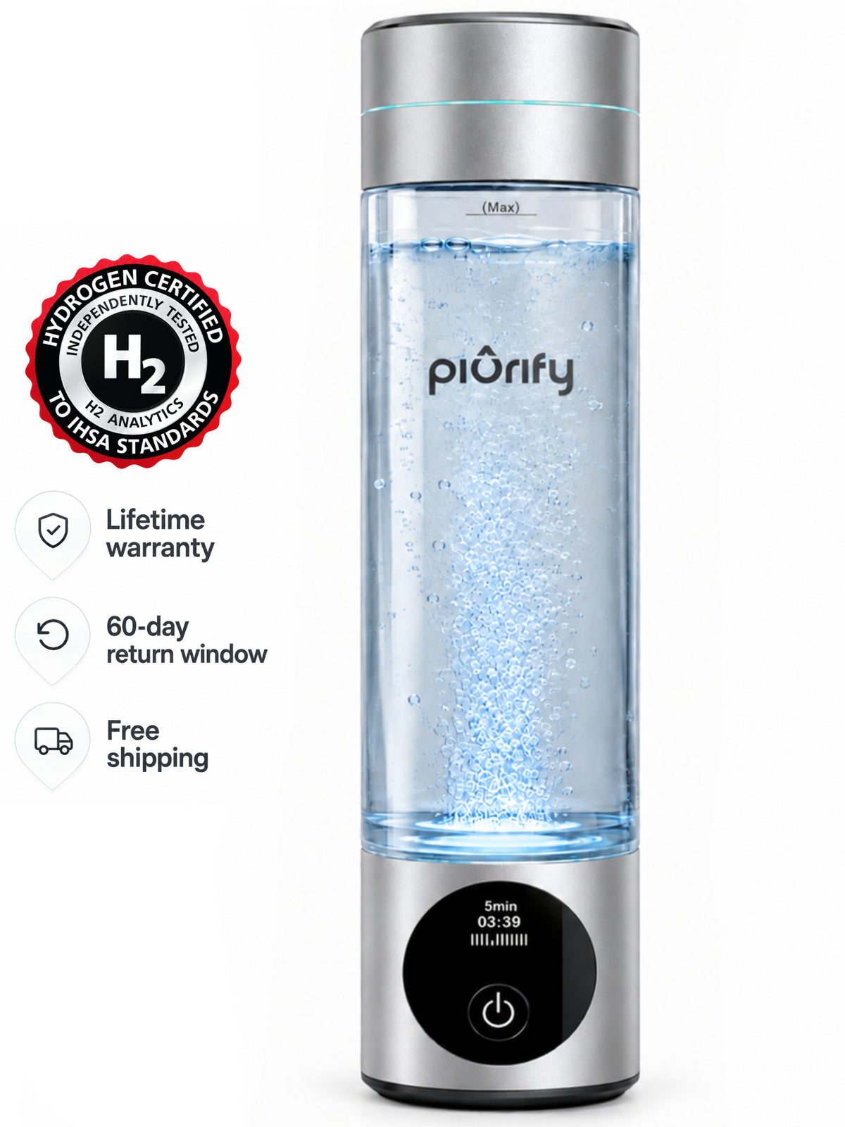 PIURIFY Hydrogenator® Hydrogen Water Bottle - Silver