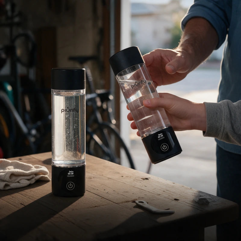 Two black PIURIFY Hydrogenator hydrogen water bottles in a garage workshop