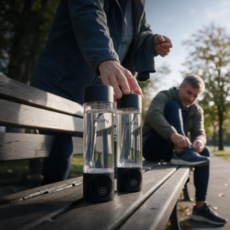 Two black PIURIFY Hydrogenator hydrogen water bottles on a park bench before a run