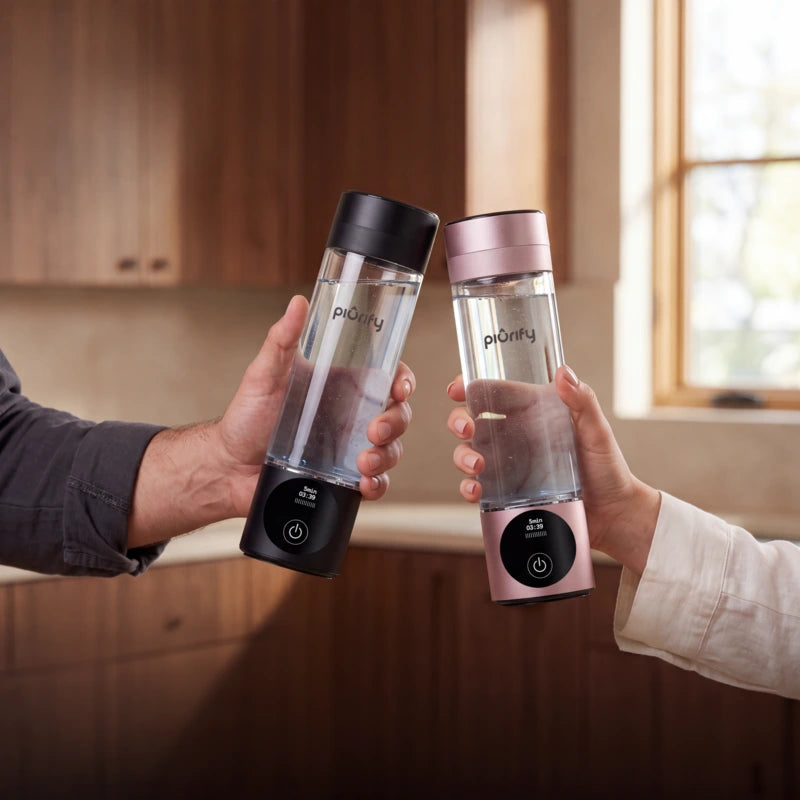 Black and pink PIURIFY Hydrogenator hydrogen water bottles held together in a kitchen